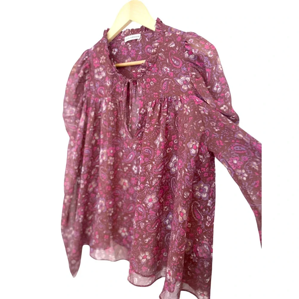 Ulla Johnson Renly Silk Paisley Floral Puff Sleeve Blouse Berry Purple Size 8
